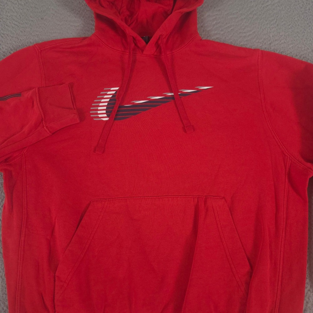 Nike Hoodie Mens Medium Red Sportswear Club Pullover Graphic Swoosh Logo Stripe